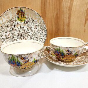2 Empire Crinoline Lady Teacups Saucers 1950s England porcelain gold chintz #920